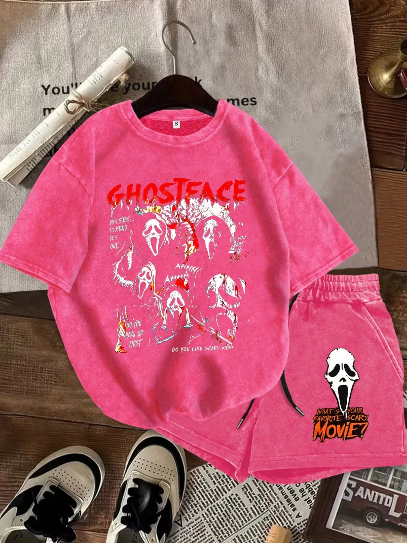 Women's Casual Fitted Washed Two-Piece Set, Ghost Face Print
