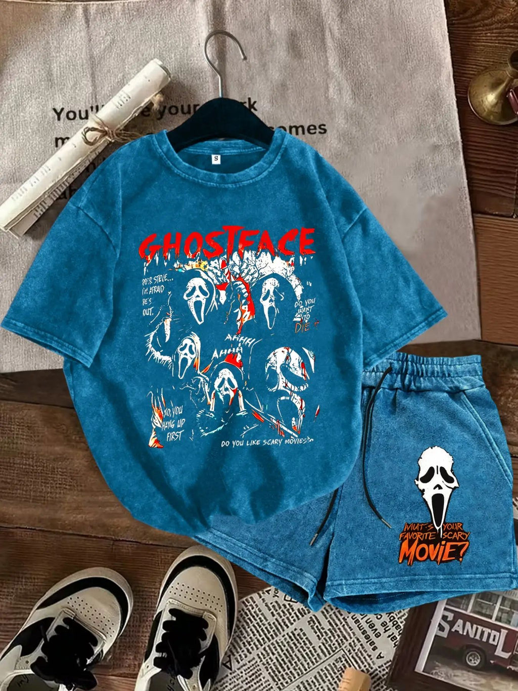Women's Casual Fitted Washed Two-Piece Set, Ghost Face Print