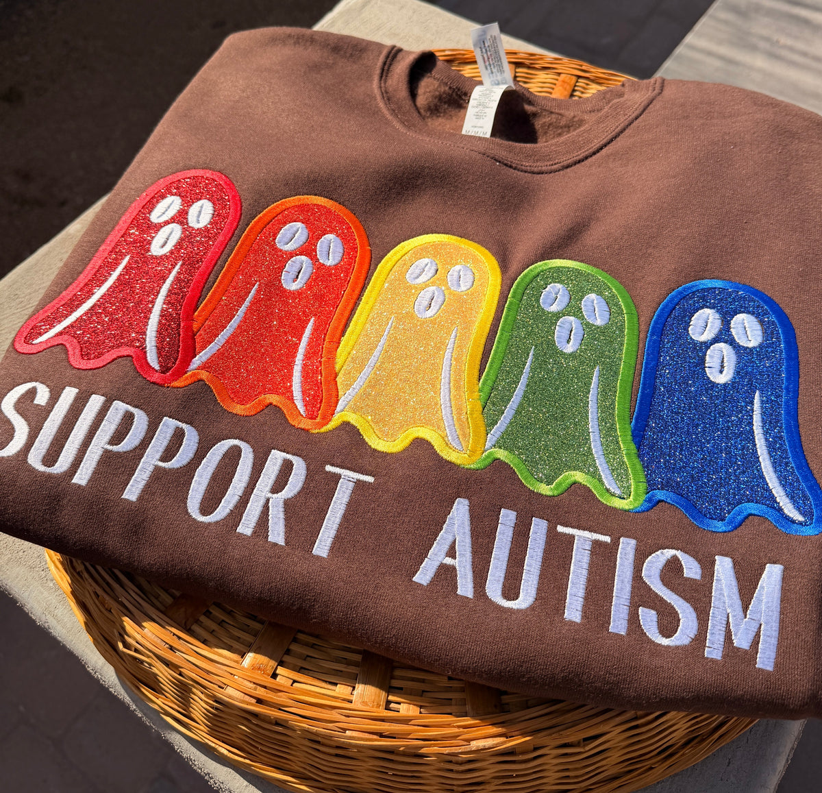 Rainbow Ghost Support Autism embroidery crewneck