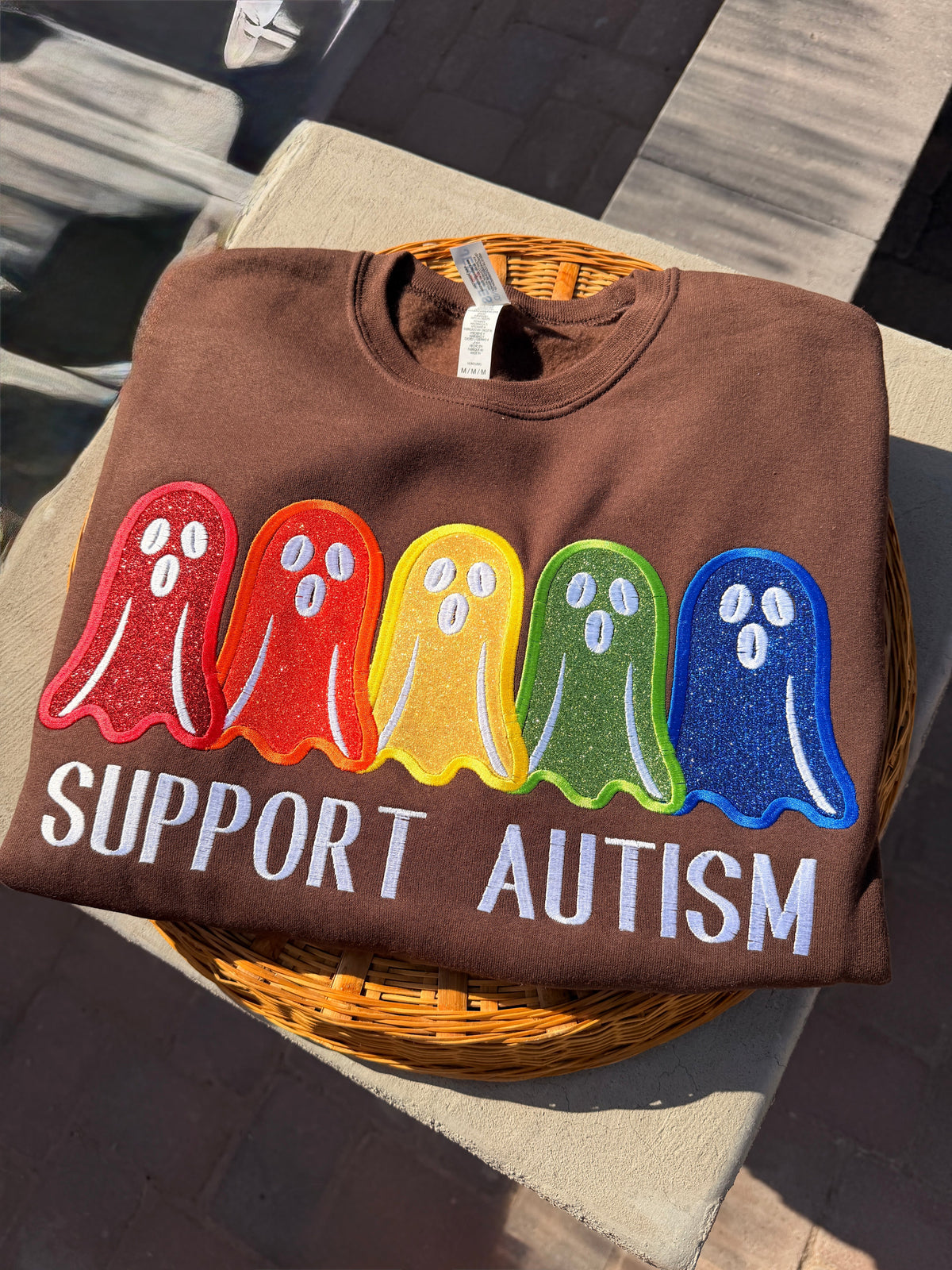 Rainbow Ghost Support Autism embroidery crewneck