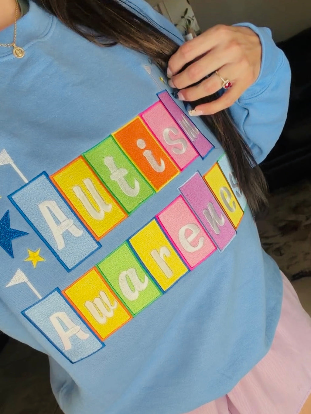 Autism Awareness custom colorful embroidered crewneck