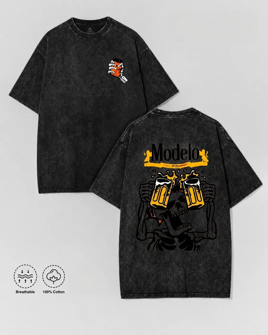 Vintage Acid Wash Skeleton Drinking Beer Graphic Tee