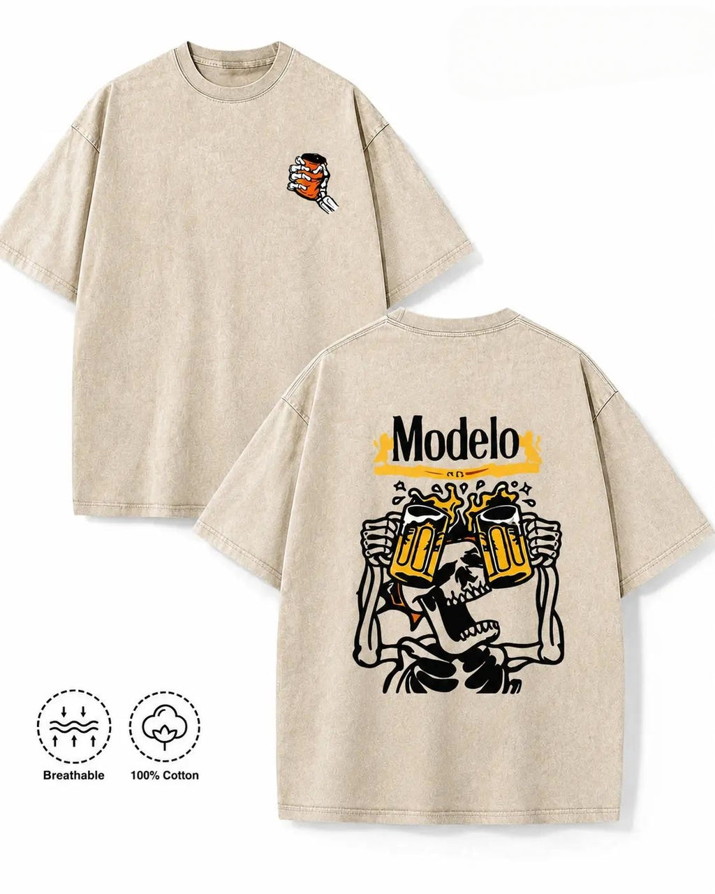 Vintage Acid Wash Skeleton Drinking Beer Graphic Tee