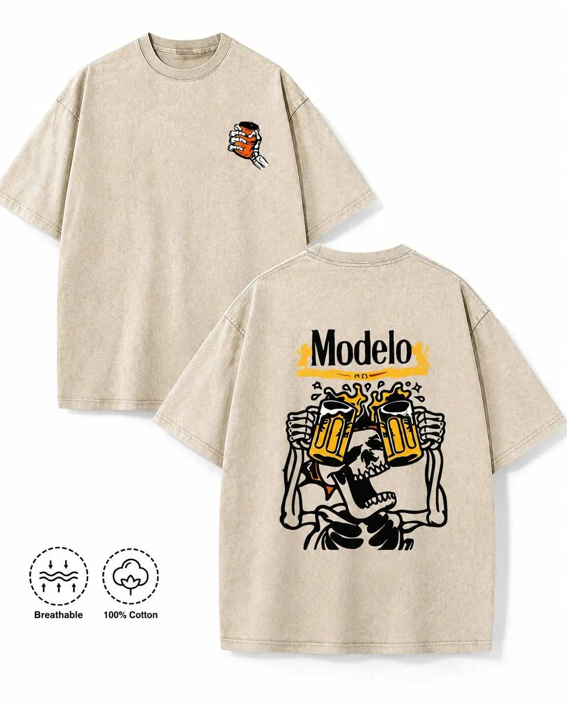 Vintage Acid Wash Skeleton Drinking Beer Graphic Tee