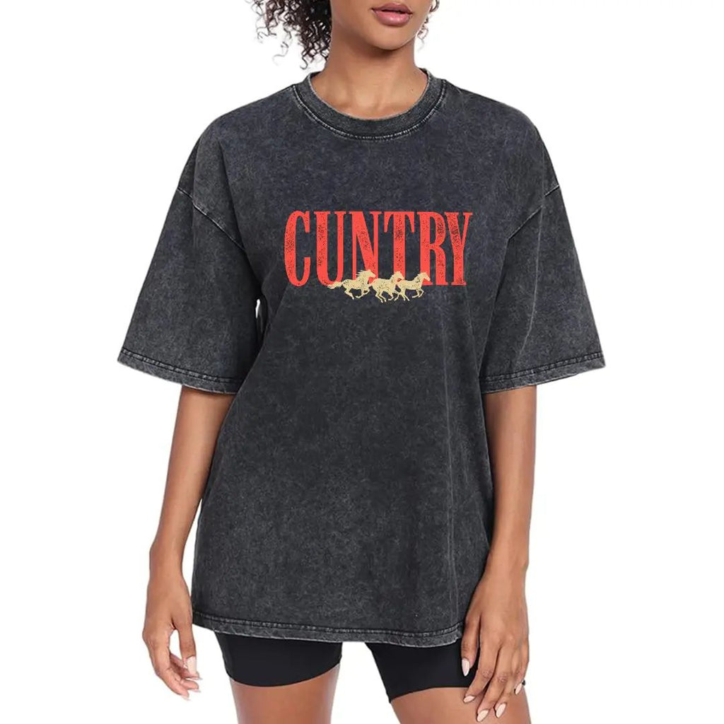 Vintage Country Cotton Casual Top - Retro Funny Cowgirl Rodeo Print T-Shirt