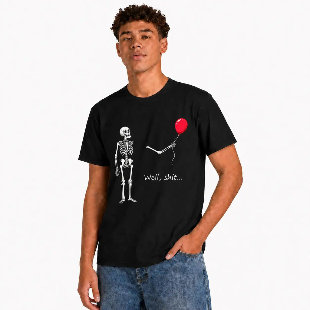 Funny Skeleton Balloon Shirt, Halloween Style Black Short Sleeve Cotton
