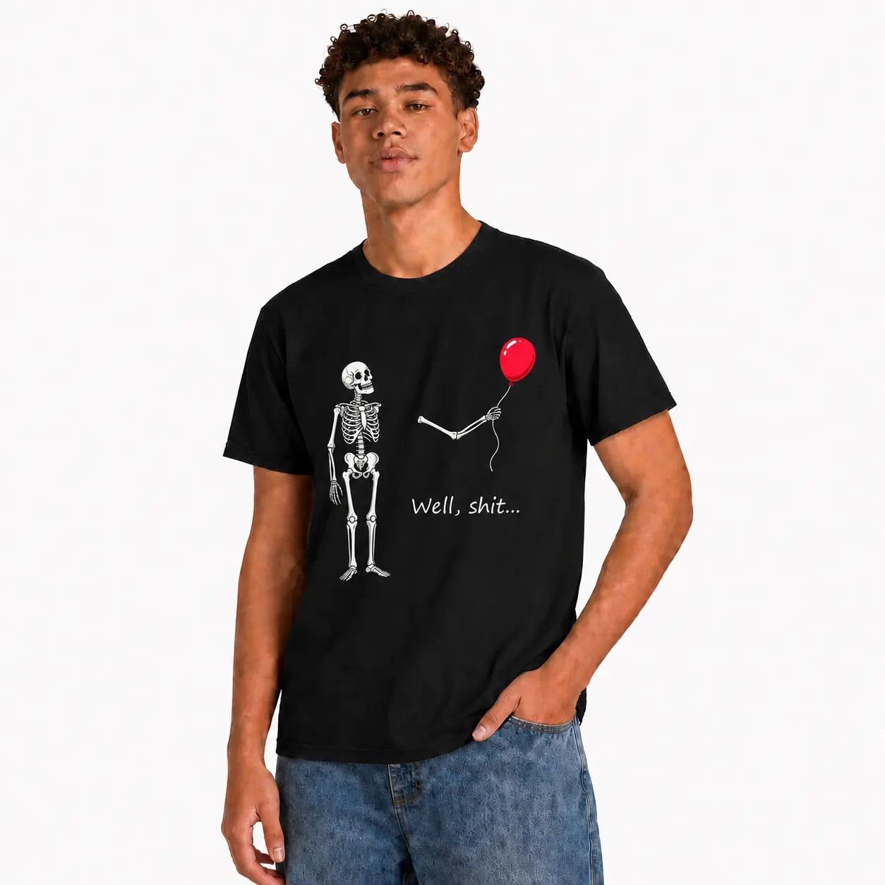 Funny Skeleton Balloon Shirt, Halloween Style Black Short Sleeve Cotton