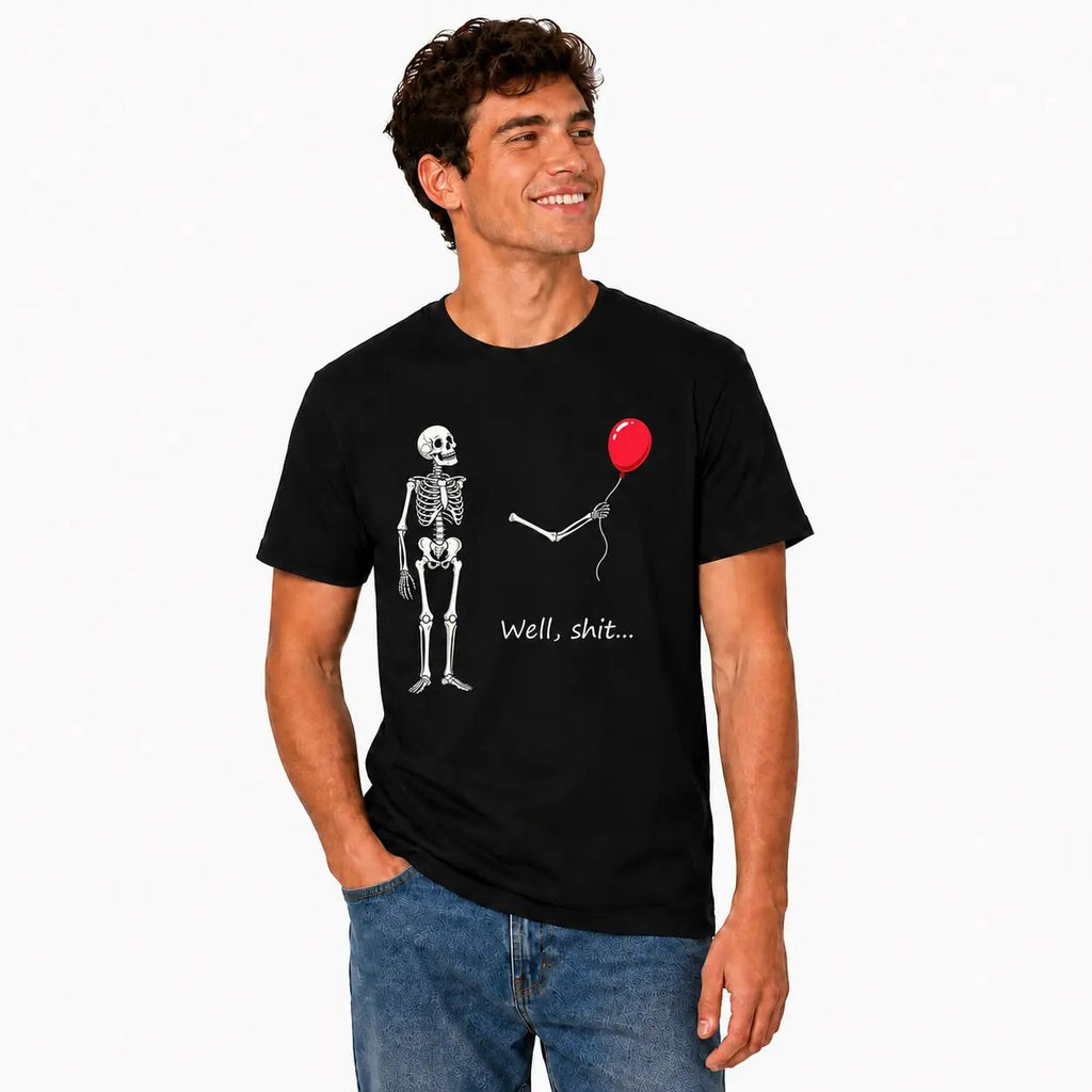Funny Skeleton Balloon Shirt, Halloween Style Black Short Sleeve Cotton