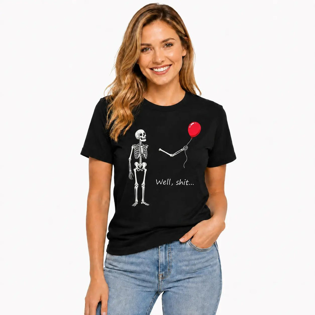 Funny Skeleton Balloon Shirt, Halloween Style Black Short Sleeve Cotton