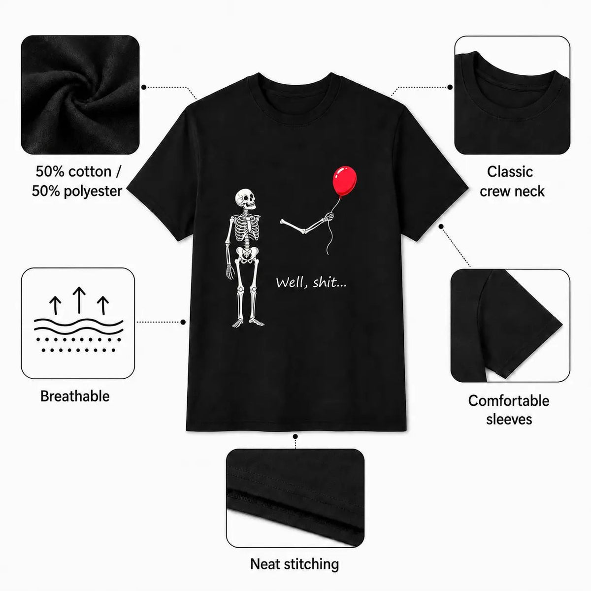 Funny Skeleton Balloon Shirt, Halloween Style Black Short Sleeve Cotton