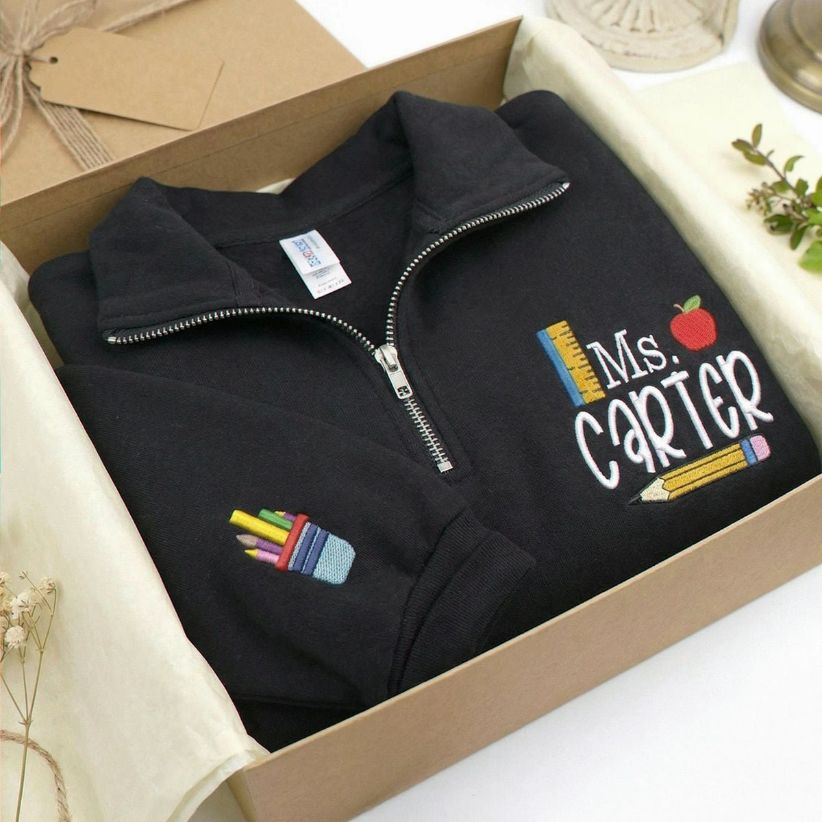 Personalized Teacher Quarter Zip for Birthday Mom - Embroidered Name 1/4-Zip Sweatshirt & School Icon - Appreciation Gift