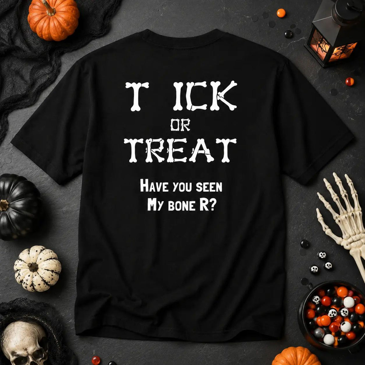 Funny Halloween Bone Font Back Print T‑Shirt