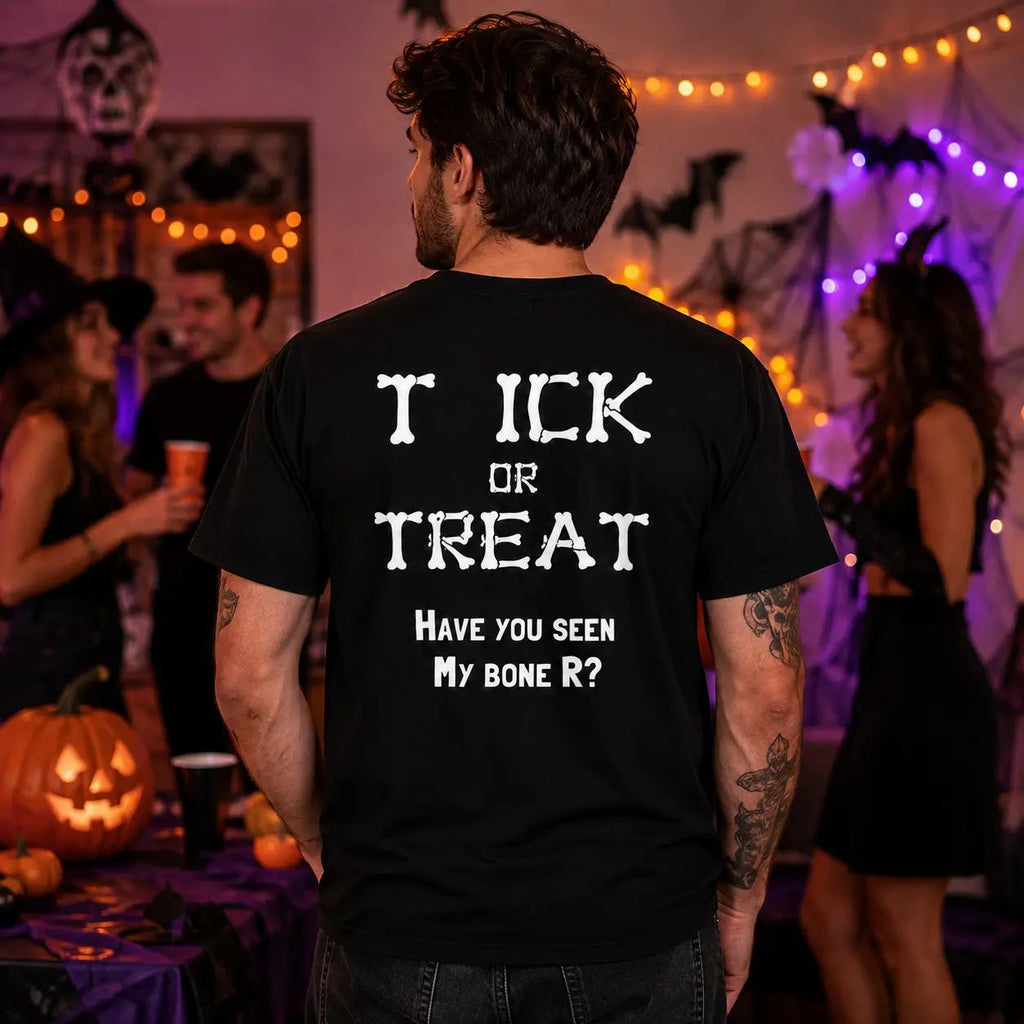 Funny Halloween Bone Font Back Print T‑Shirt