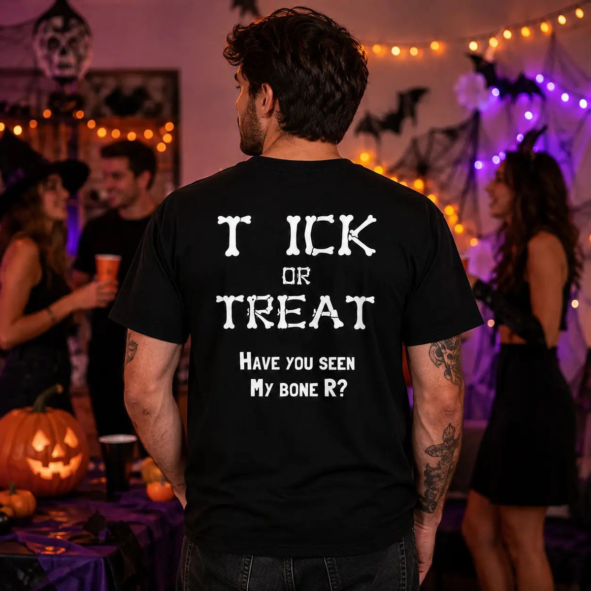 Funny Halloween Bone Font Back Print T‑Shirt