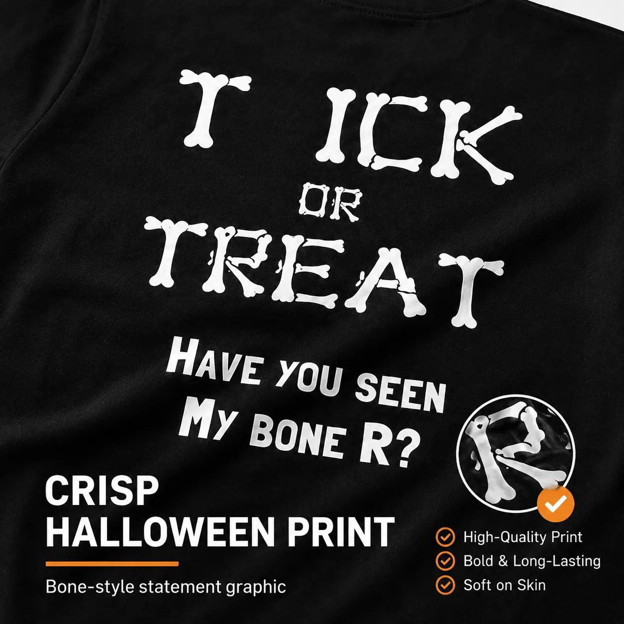 Funny Halloween Bone Font Back Print T‑Shirt
