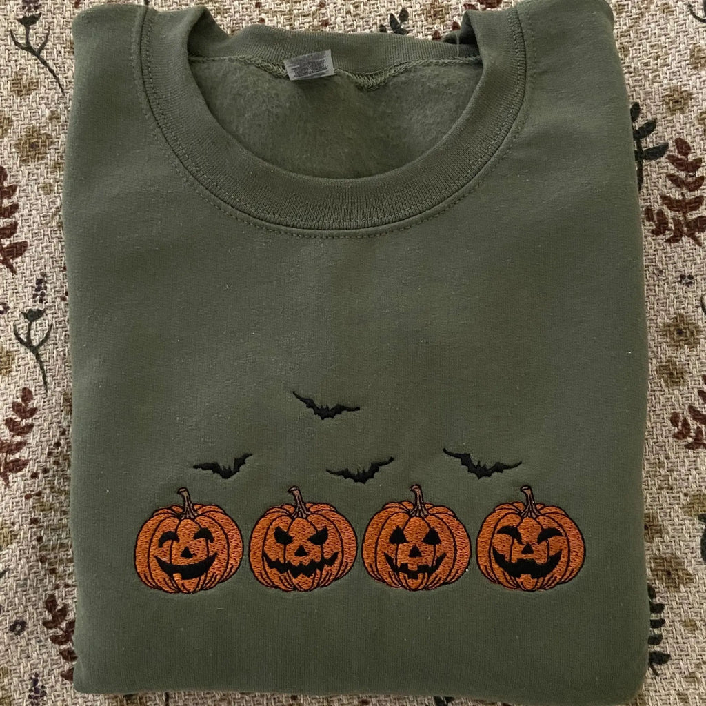 Vintage Pumpkins Embroidered Sweatshirt Cotton Spooky