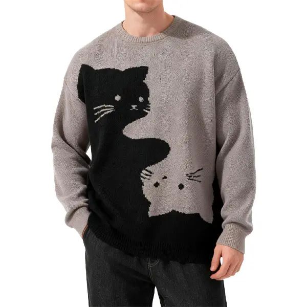 Cartoon Cat Print Crew Neck Knit Pullover