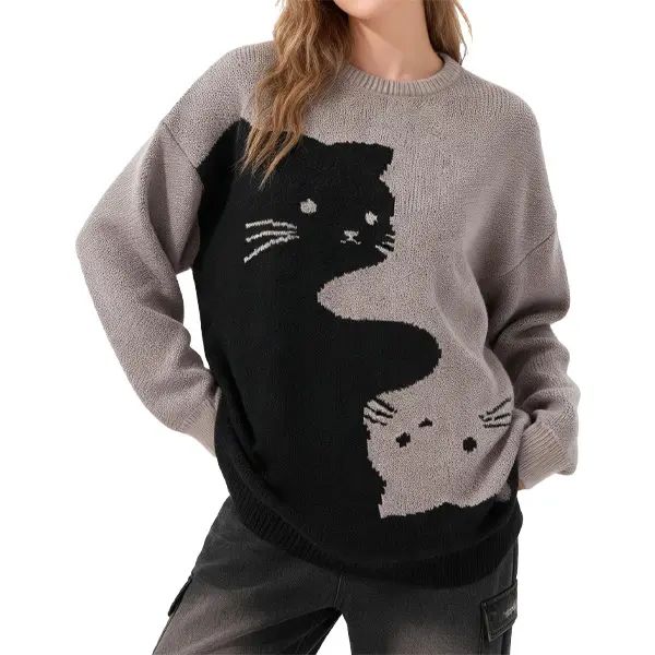 Cartoon Cat Print Crew Neck Knit Pullover