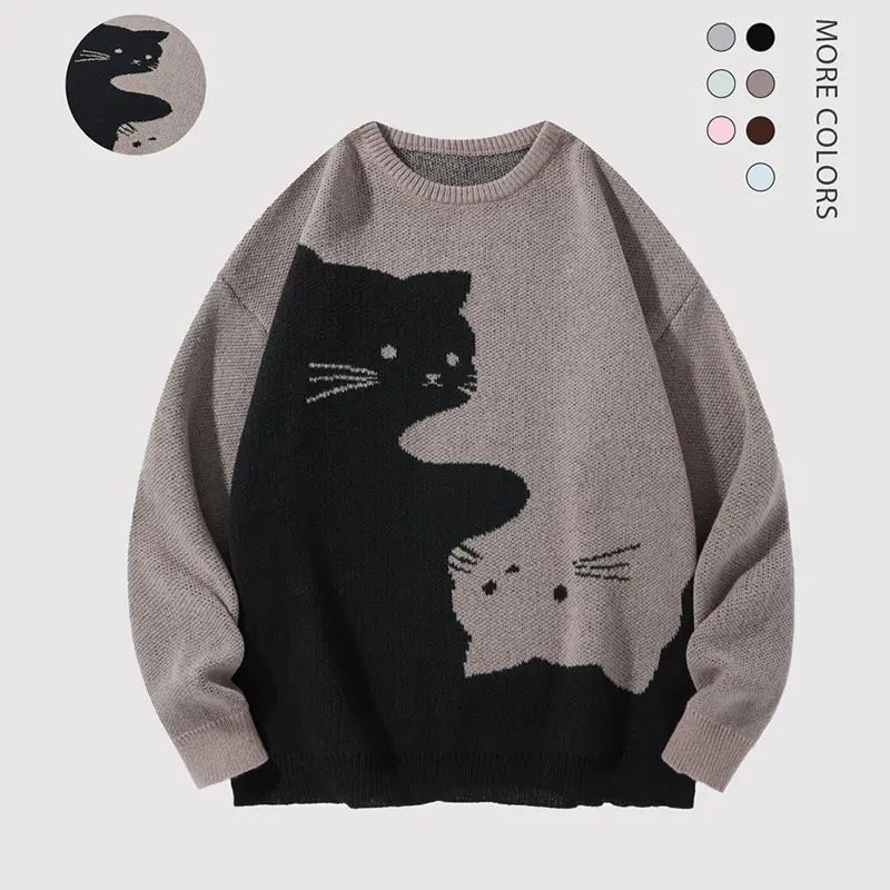 Cartoon Cat Print Crew Neck Knit Pullover