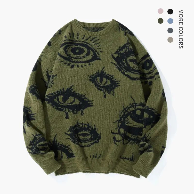 Knitting Crew Neck Graphic Pullover - Simple Detailed, Full-Length