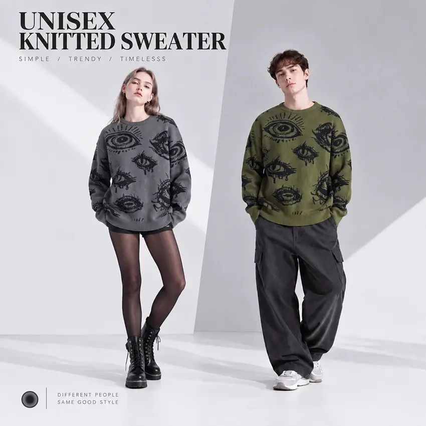 Knitting Crew Neck Graphic Pullover - Simple Detailed, Full-Length