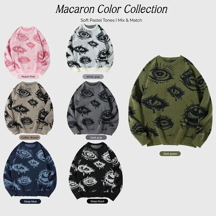 Knitting Crew Neck Graphic Pullover - Simple Detailed, Full-Length