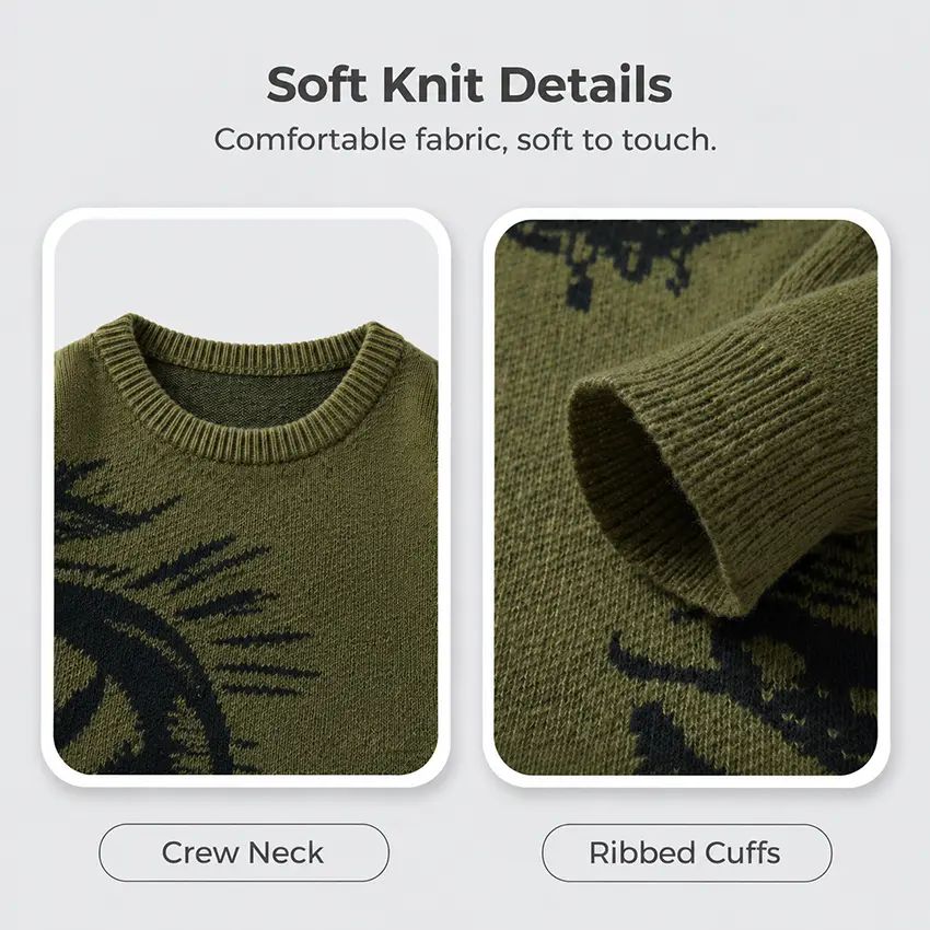 Knitting Crew Neck Graphic Pullover - Simple Detailed, Full-Length