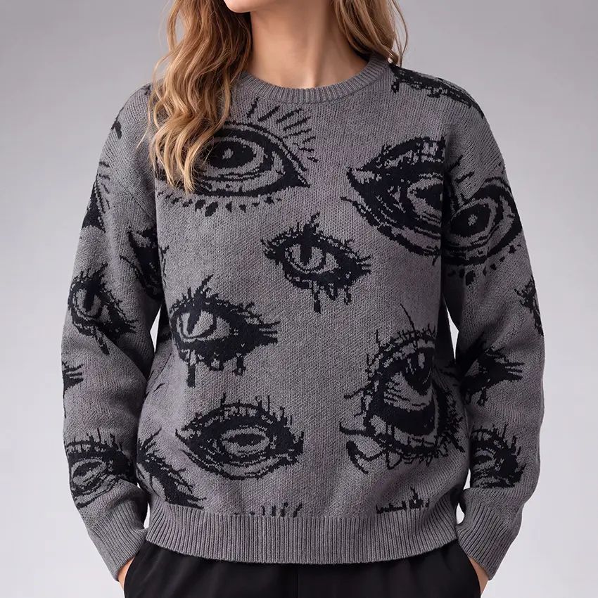 Knitting Crew Neck Graphic Pullover - Simple Detailed, Full-Length