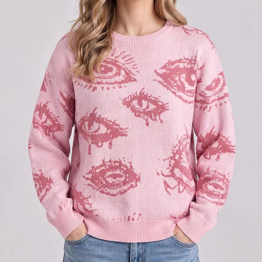 Knitting Crew Neck Graphic Pullover - Simple Detailed, Full-Length