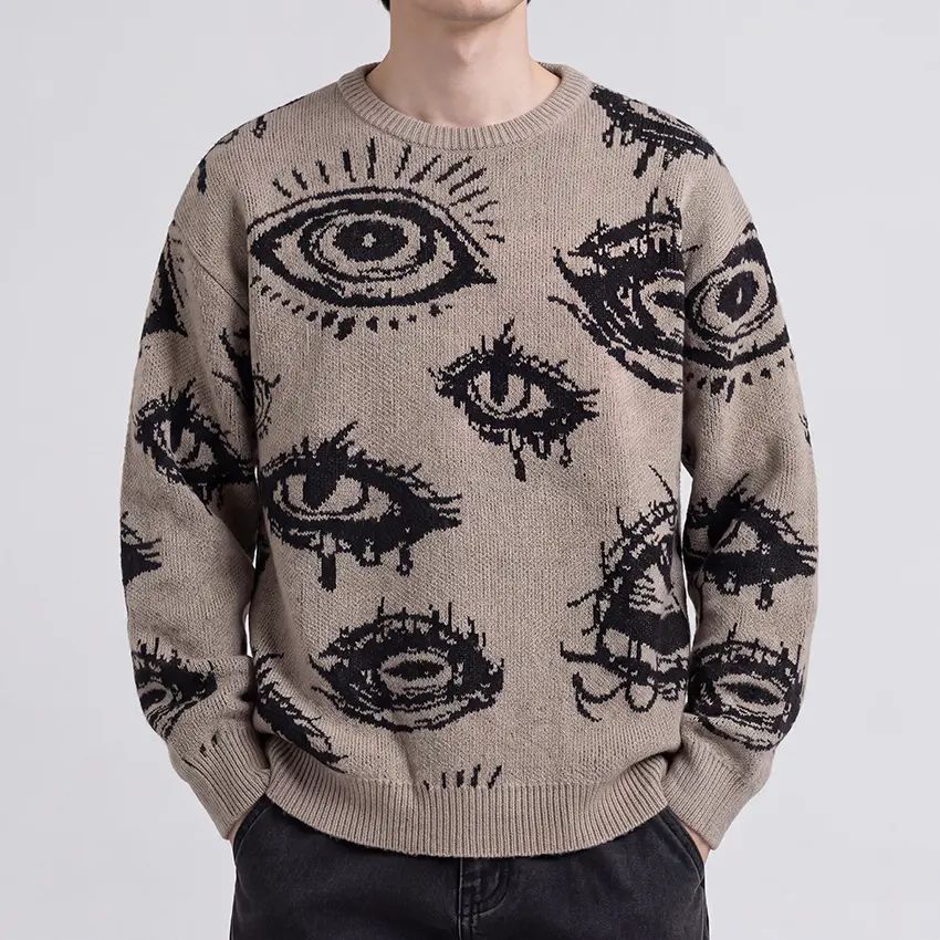 Knitting Crew Neck Graphic Pullover - Simple Detailed, Full-Length