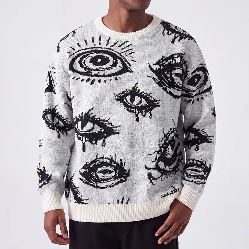 Knitting Crew Neck Graphic Pullover - Simple Detailed, Full-Length