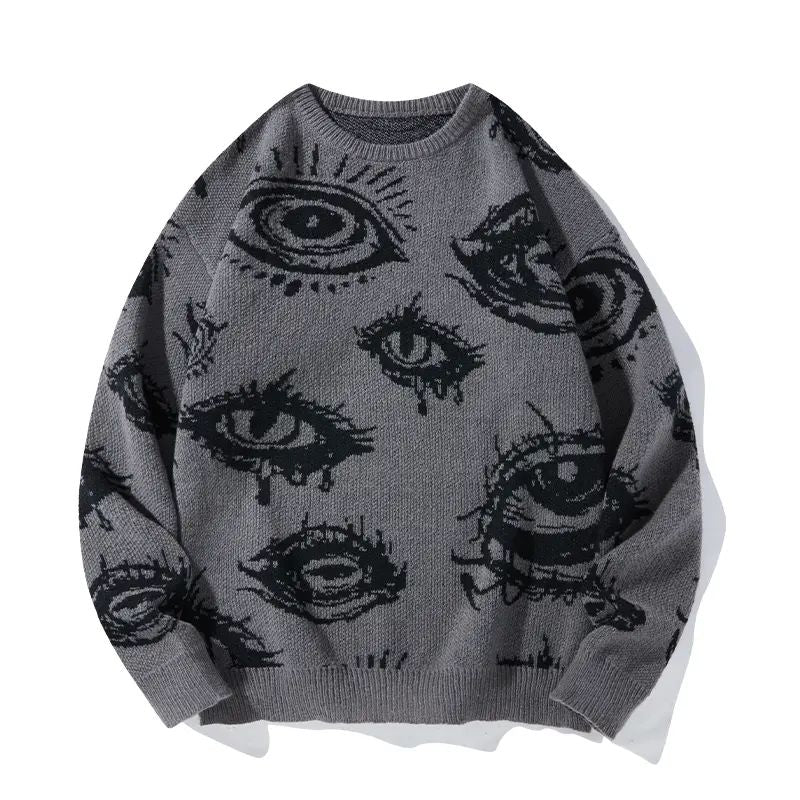 Knitting Crew Neck Graphic Pullover - Simple Detailed, Full-Length