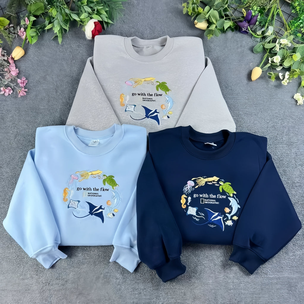 Go With The Flow Embroidered Sweatshirt, Ocean Shirt, Marine Animals Shirt