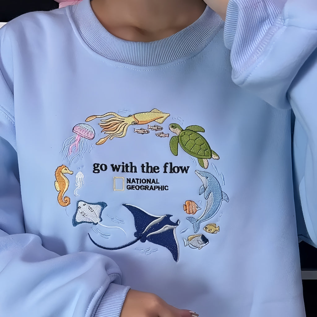 Go With The Flow Embroidered Sweatshirt, Ocean Shirt, Marine Animals Shirt