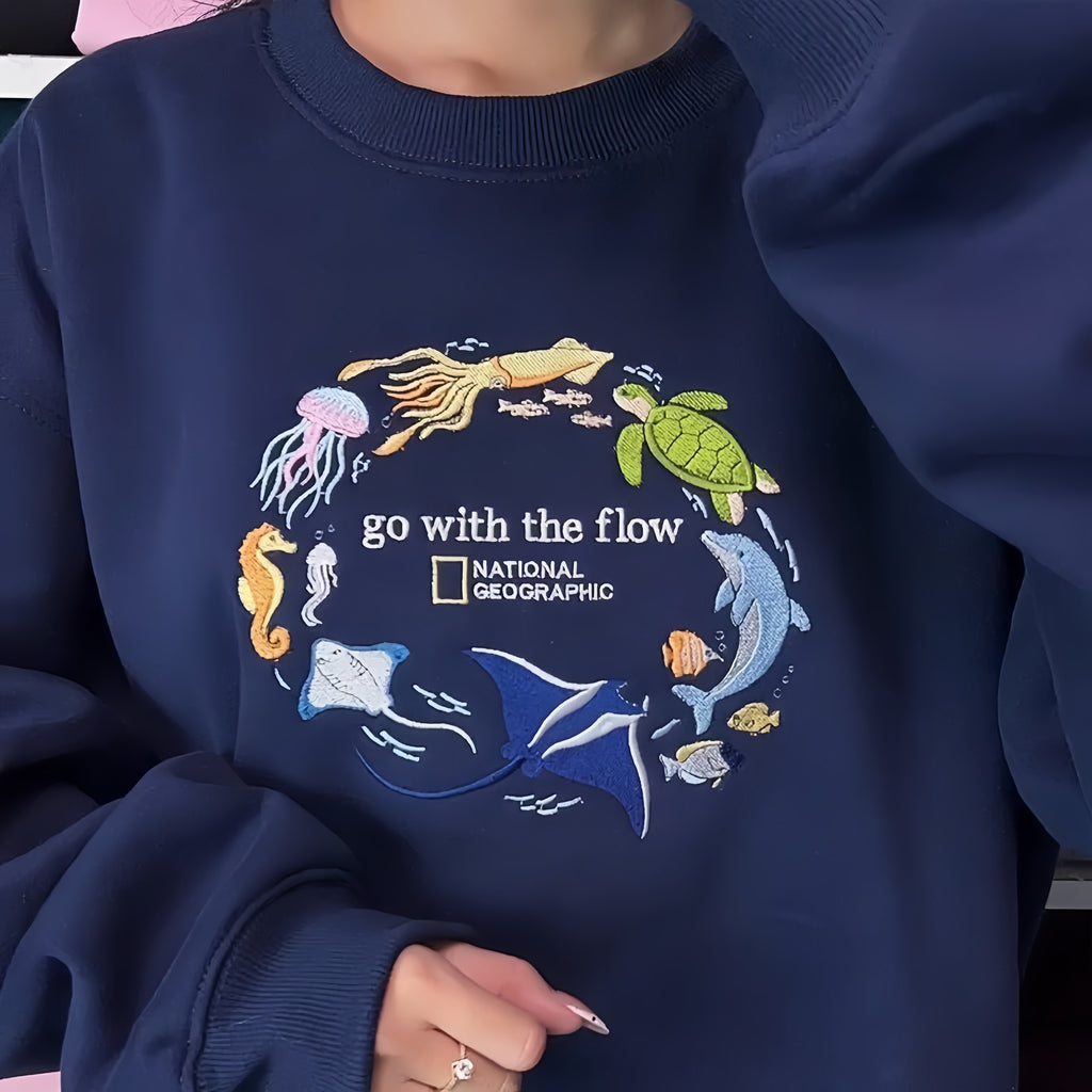 Go With The Flow Embroidered Sweatshirt, Ocean Shirt, Marine Animals Shirt