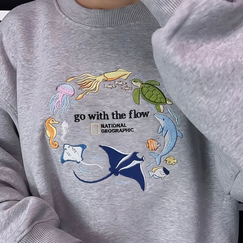 Go With The Flow Embroidered Sweatshirt, Ocean Shirt, Marine Animals Shirt