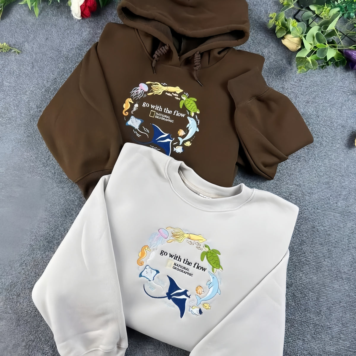 Go With The Flow Embroidered Sweatshirt, Ocean Shirt, Marine Animals Shirt