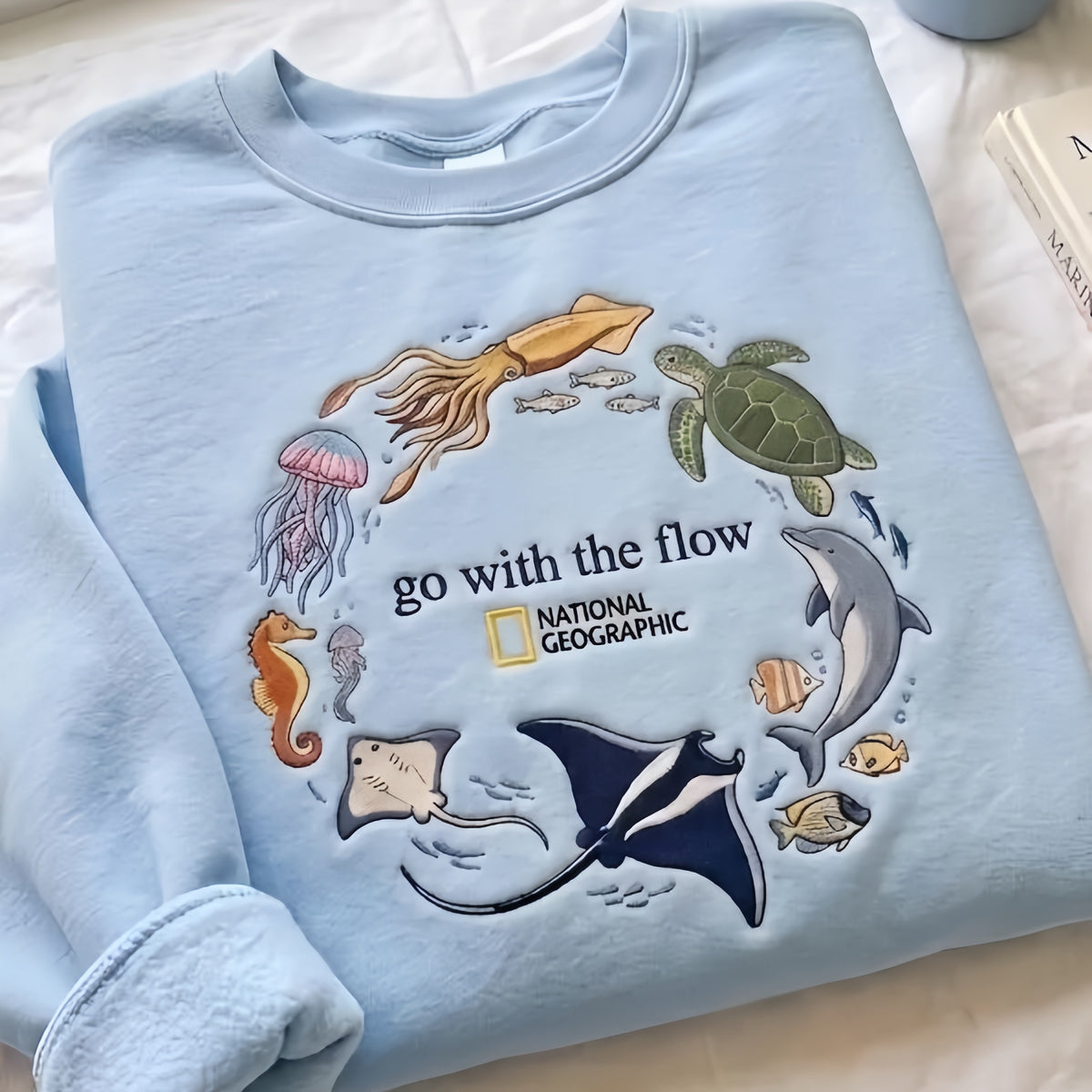 Go With The Flow Embroidered Sweatshirt, Ocean Shirt, Marine Animals Shirt