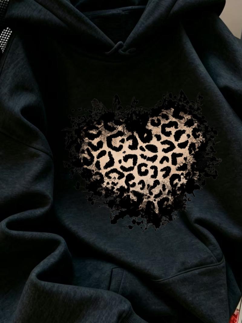 Women's Vintage Distressed Leopard Print Heart Hoodie
