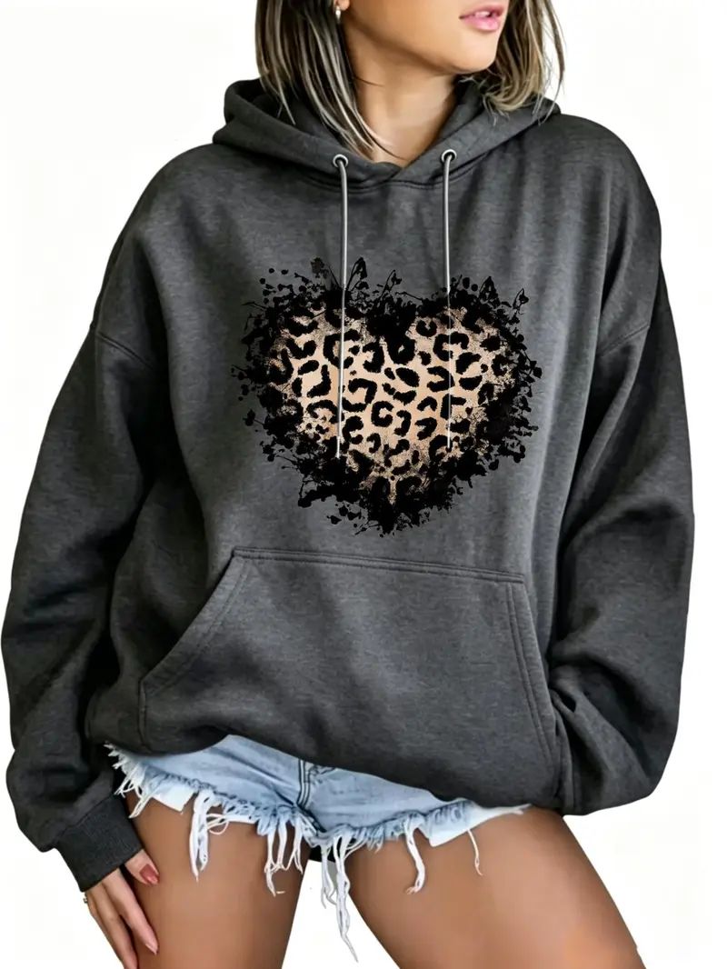 Women's Vintage Distressed Leopard Print Heart Hoodie