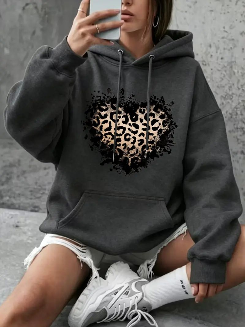 Women's Vintage Distressed Leopard Print Heart Hoodie