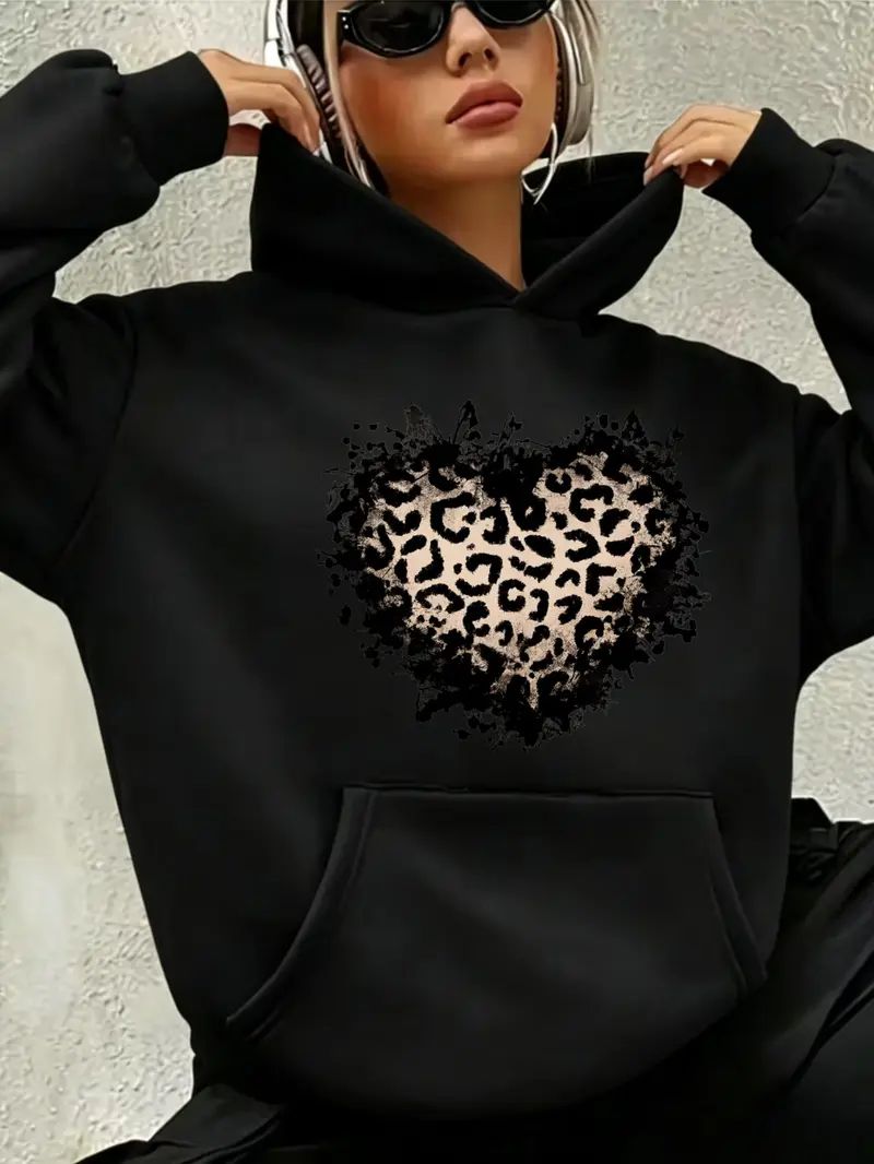 Women's Vintage Distressed Leopard Print Heart Hoodie