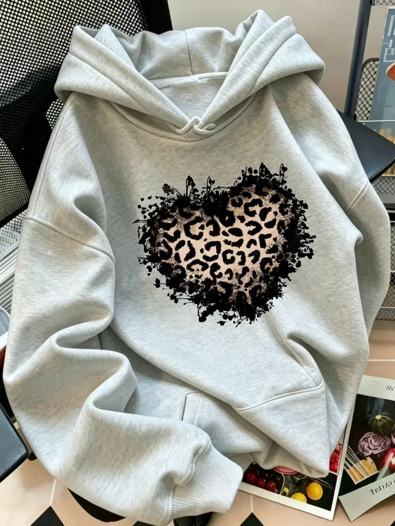 Women's Vintage Distressed Leopard Print Heart Hoodie