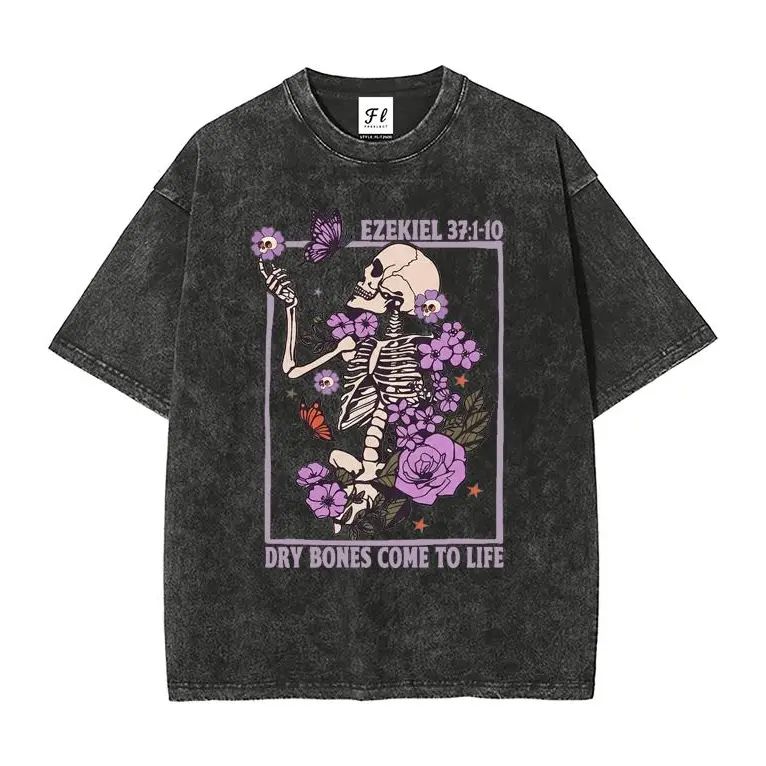 Women's Unisex Vintage Washed Short-Sleeve Round Neck Skeleton Floral T-Shirt