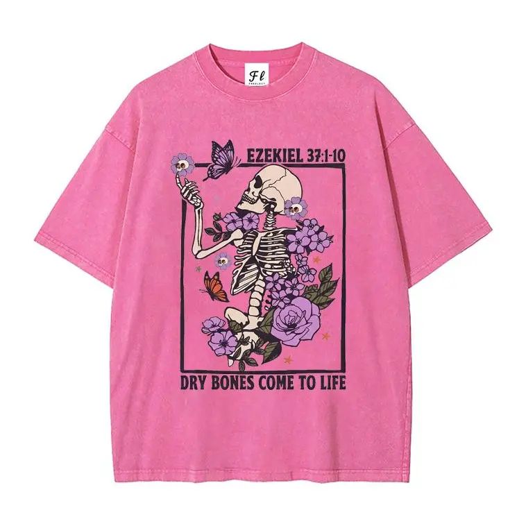 Women's Unisex Vintage Washed Short-Sleeve Round Neck Skeleton Floral T-Shirt