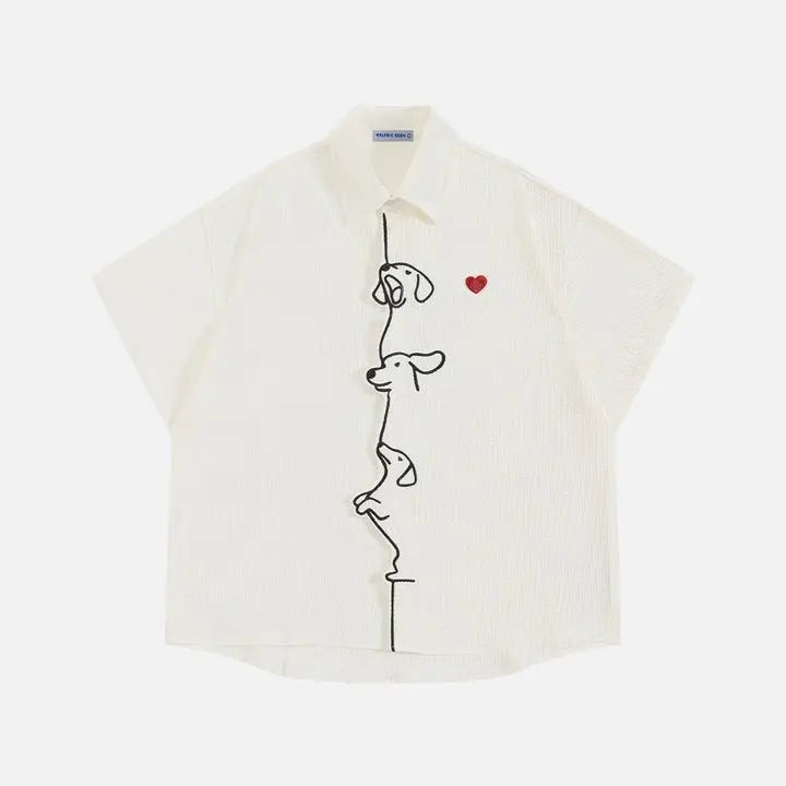 Dachshund Embroidered Waffle Shirt - Relaxed Unisex Short Sleeve Button-Up