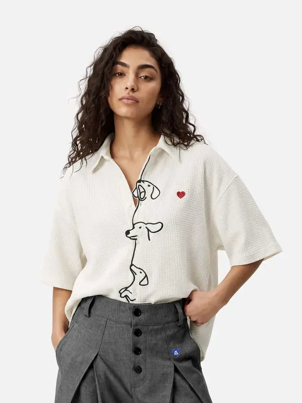 Dachshund Embroidered Waffle Shirt - Relaxed Unisex Short Sleeve Button-Up