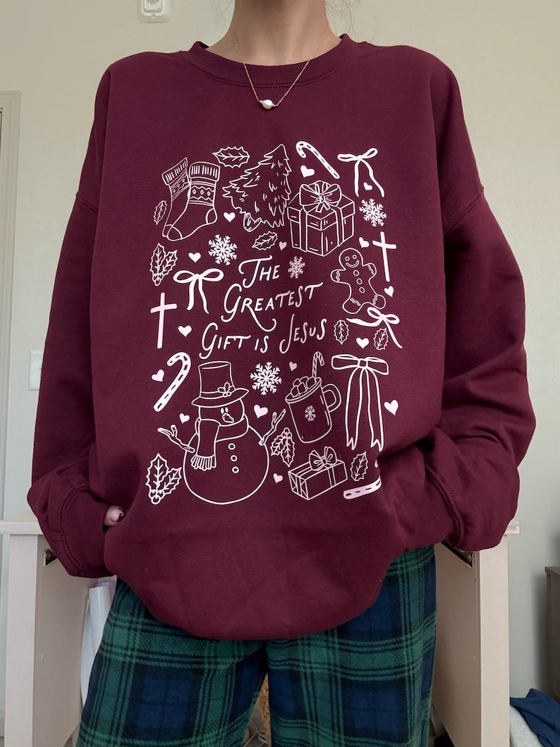 The Greatest Gift Is Jesus Christmas Sweatshirt | Christian Holiday Doodle Crewneck