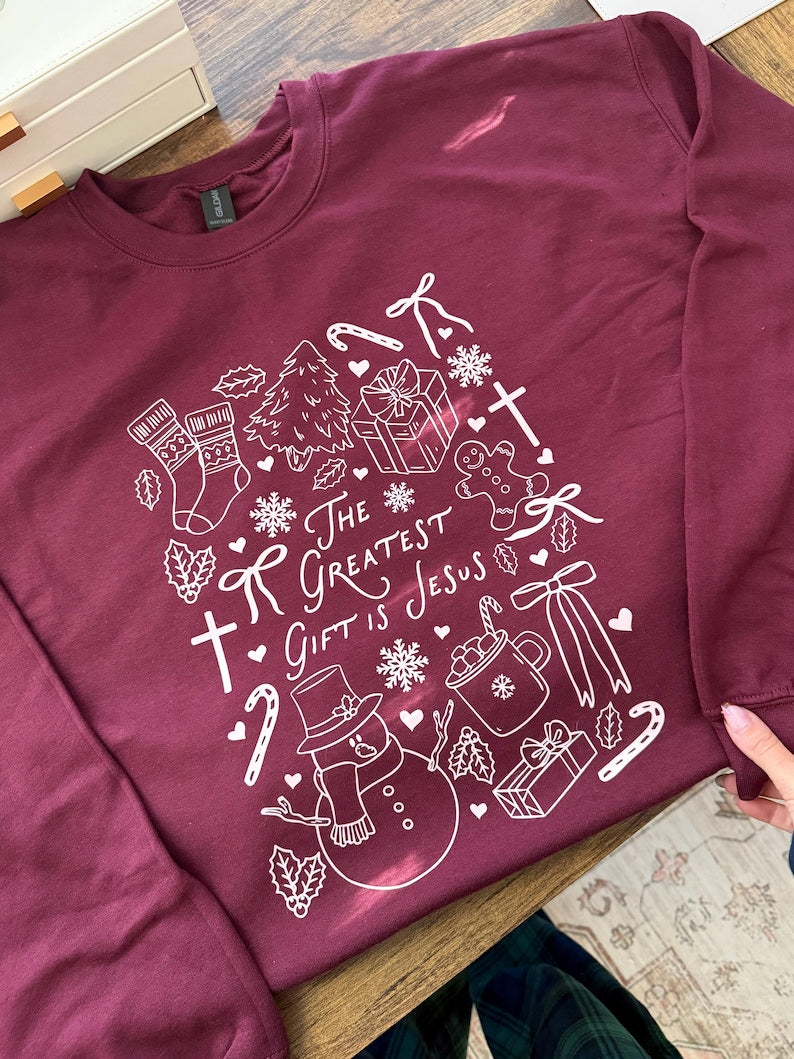 The Greatest Gift Is Jesus Christmas Sweatshirt | Christian Holiday Doodle Crewneck