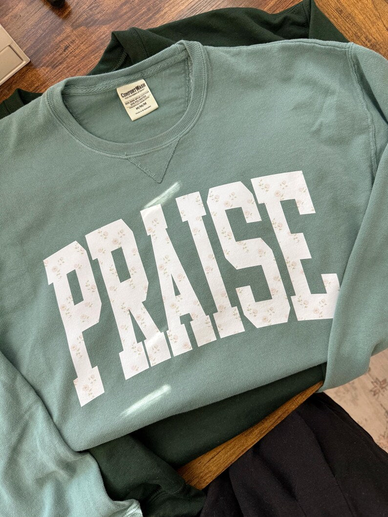 Praise Varsity Sweatshirt | Christian Floral Varsity Crewneck Gifts for Women